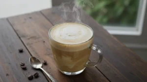 Steaming keto coffee with a thick, frothy top in a clear glass mug on a dark wooden surface.