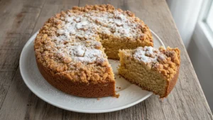 Golden-brown keto coffee cake with a crumbly streusel topping, sliced on a white plate with powdered sweetener.