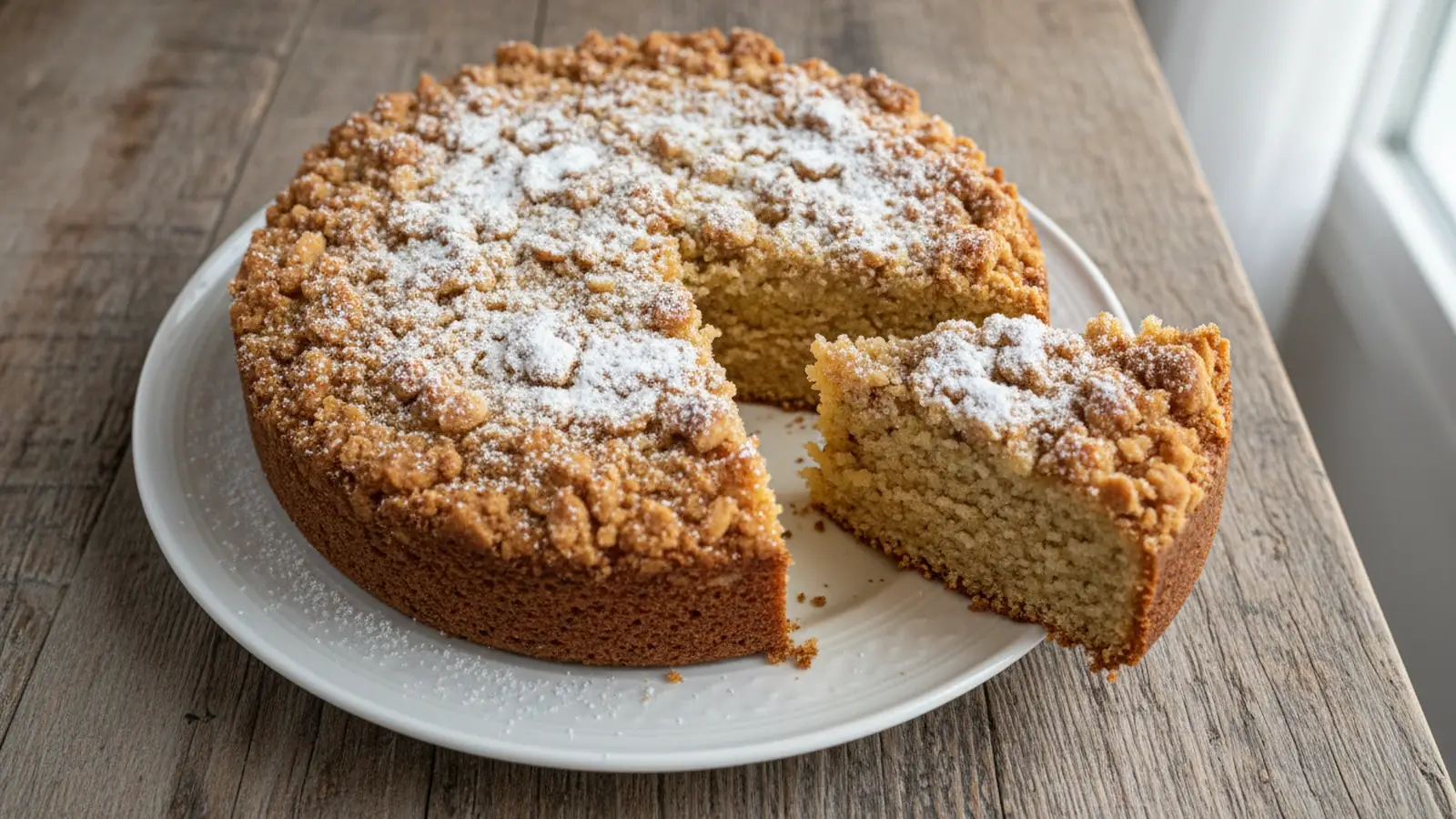 Golden-brown keto coffee cake with a crumbly streusel topping, sliced on a white plate with powdered sweetener.