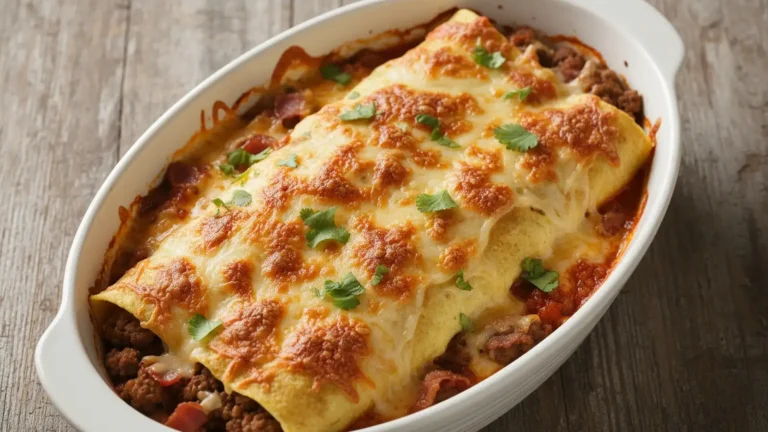 Golden-brown keto egg chiladas casserole with melted cheddar cheese and fresh cilantro in a white baking dish.