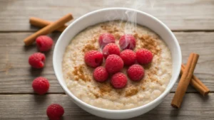 Warm keto oatmeal in a white bowl, garnished with red raspberries and cinnamon on a wooden surface.