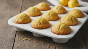 Golden-brown lemon muffins with domed tops in a white muffin tin, garnished with lemon zest on a wooden table.
