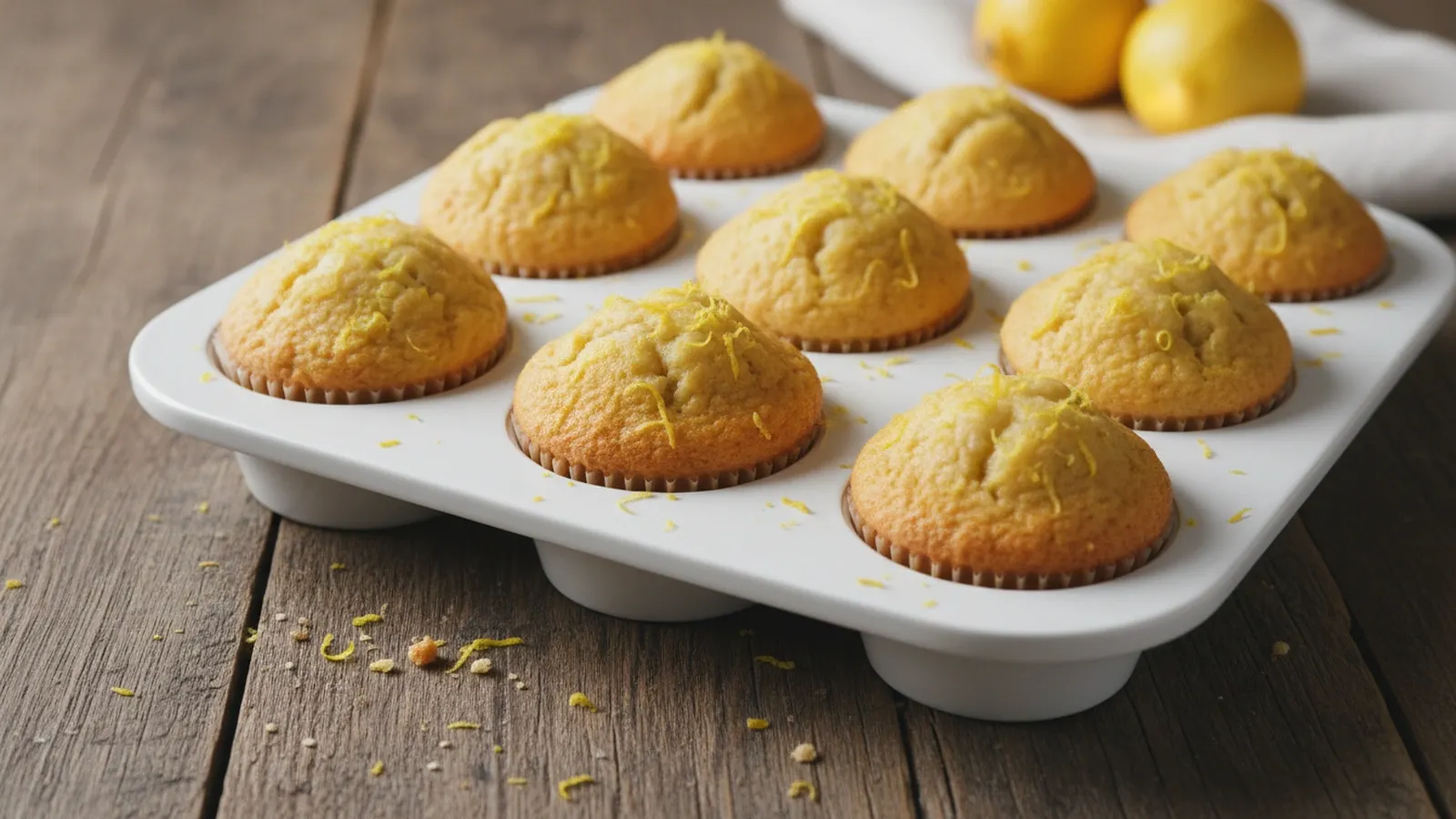 Golden-brown lemon muffins with domed tops in a white muffin tin, garnished with lemon zest on a wooden table.