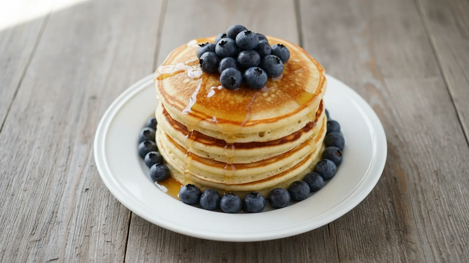 Stack of golden-brown low carb pancakes with blueberries and sugar-free syrup on a white plate.