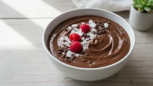 Thick chocolate smoothie bowl topped with raspberries, shredded coconut, and cacao nibs in a white bowl