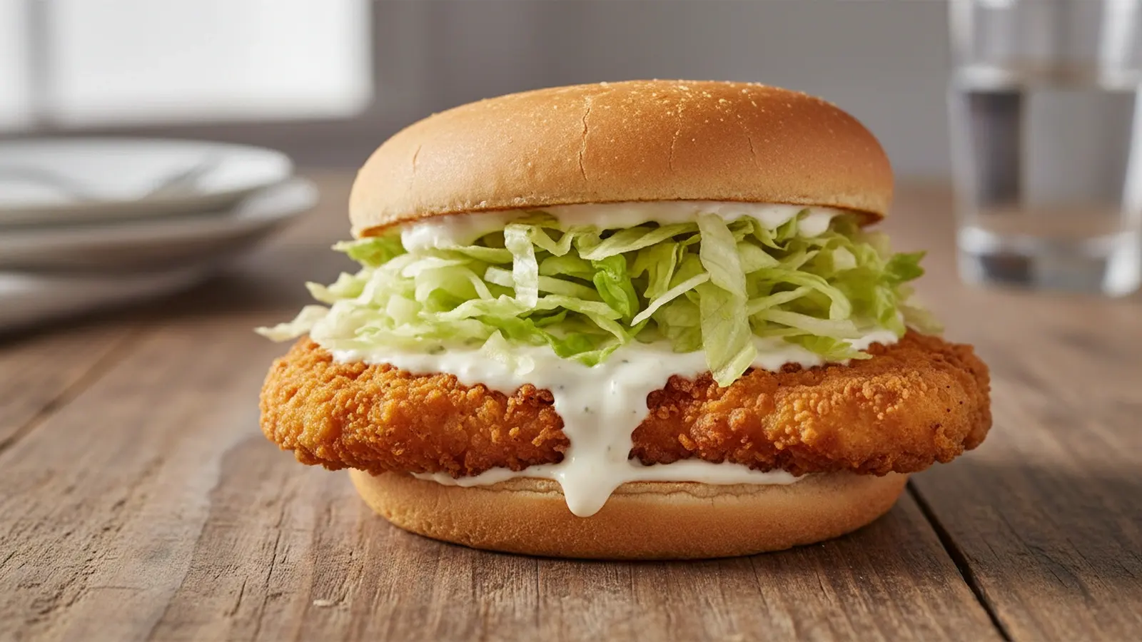 Golden-brown crispy chicken patty with creamy sauce and shredded lettuce on a toasted low-carb bun.