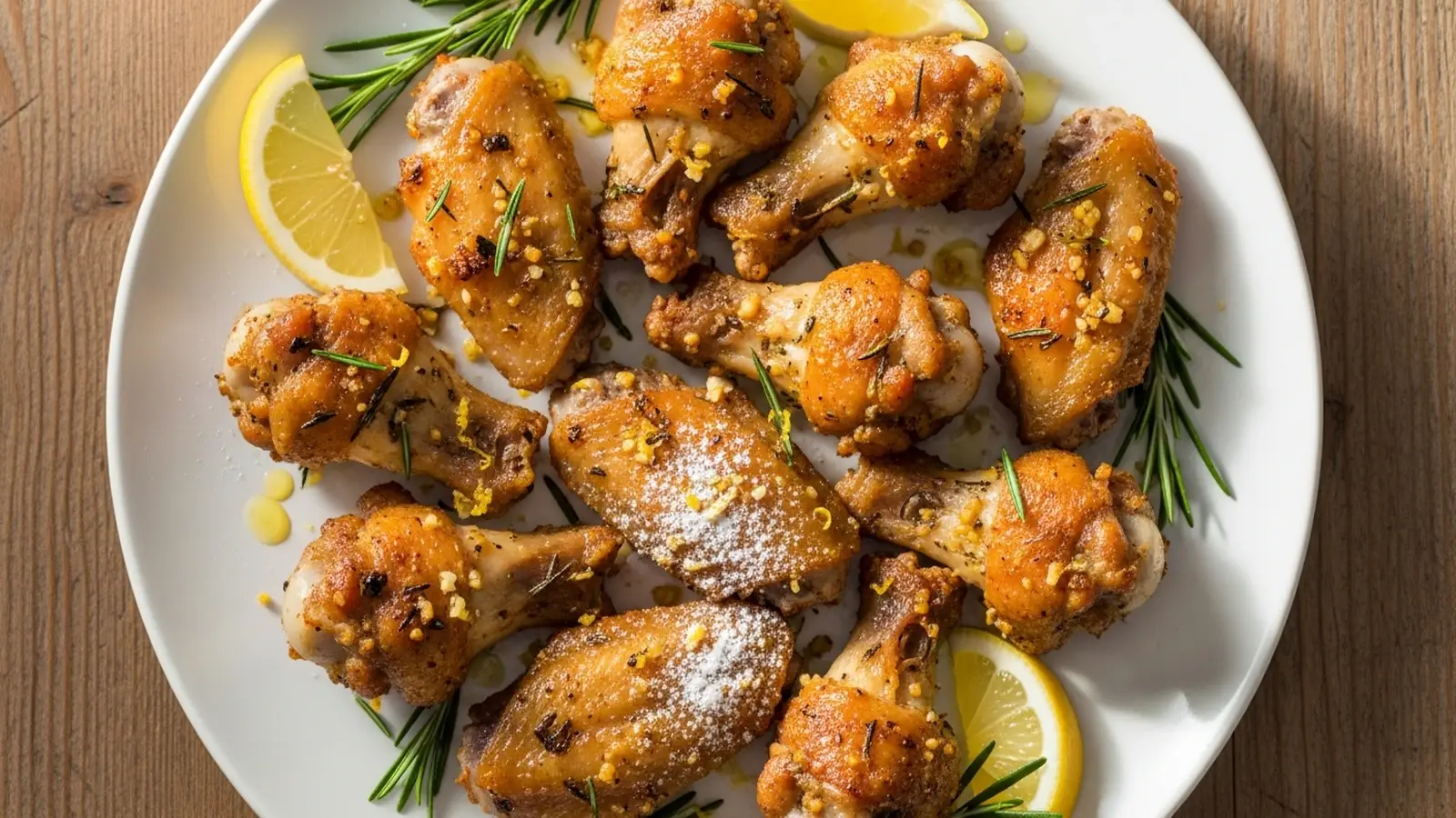 Golden-brown chicken wings with crispy skin, garnished with fresh rosemary and lemon wedges on a white platter.