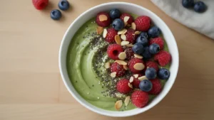 Vibrant green matcha yogurt bowl with red and blue berries, white chia seeds, and sliced almonds in a white bowl.