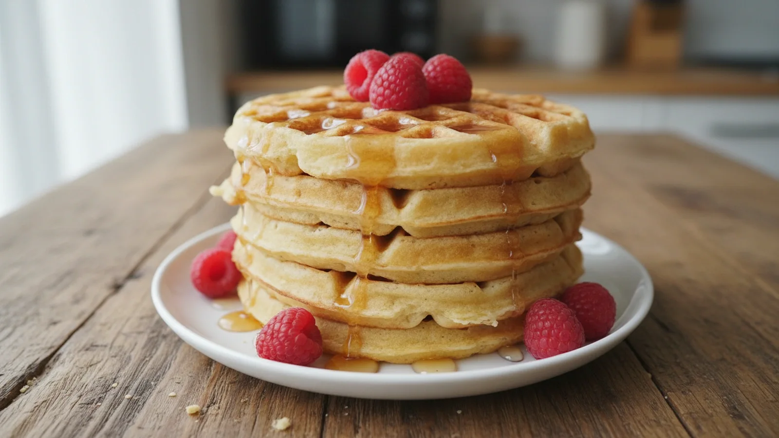 Stack of golden-brown, fluffy zero-carb waffles on a white plate, drizzled with sugar-free syrup and fresh raspberries.