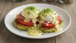 Golden-brown zucchini fritters topped with red tomato, prosciutto, poached eggs, and creamy hollandaise, garnished with chives on a white plate.