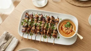 Golden-brown beef satay skewers with char marks on a white platter beside a bowl of peanut sauce, garnished with cilantro.