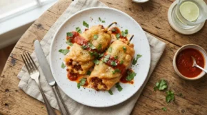 Golden-brown chorizo chile rellenos with melted cheese and red sauce on a white plate, garnished with cilantro.