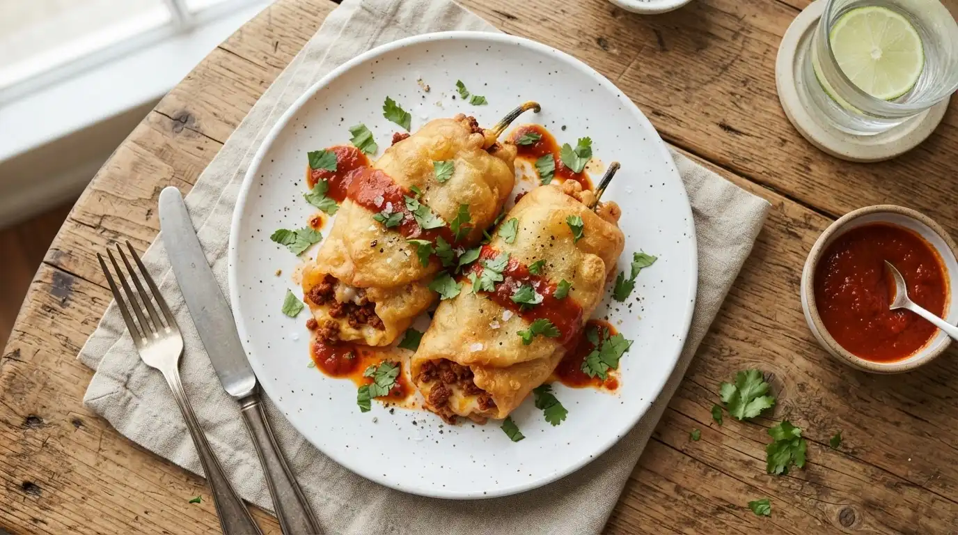 Golden-brown chorizo chile rellenos with melted cheese and red sauce on a white plate, garnished with cilantro.