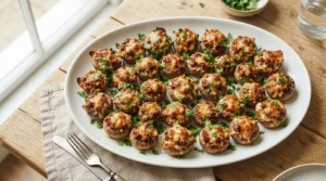 Golden-brown chorizo stuffed mushrooms on a white platter, garnished with green parsley.