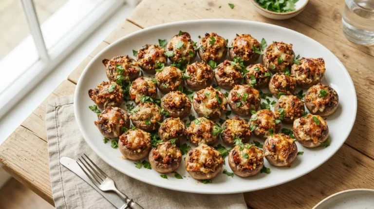 Golden-brown chorizo stuffed mushrooms on a white platter, garnished with green parsley.