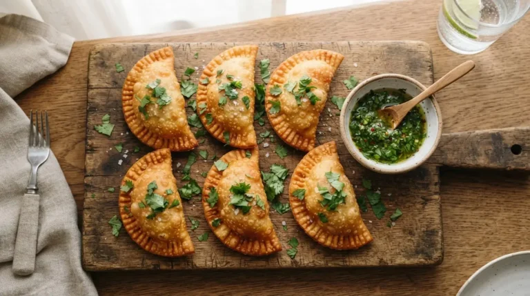 Golden-brown, crispy fried empanadas with a savory beef filling on a wooden board with cilantro.