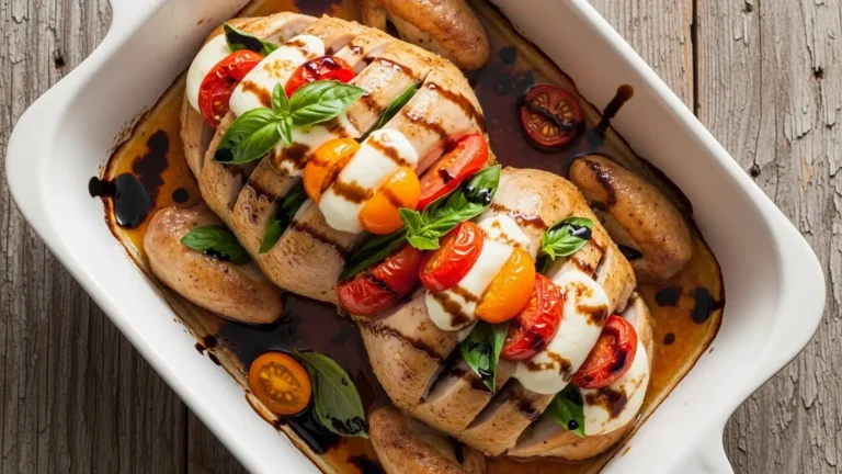 Golden-brown chicken breasts stuffed with melted white mozzarella, red cherry tomatoes, and green basil leaves, drizzled with dark balsamic glaze in a white dish.