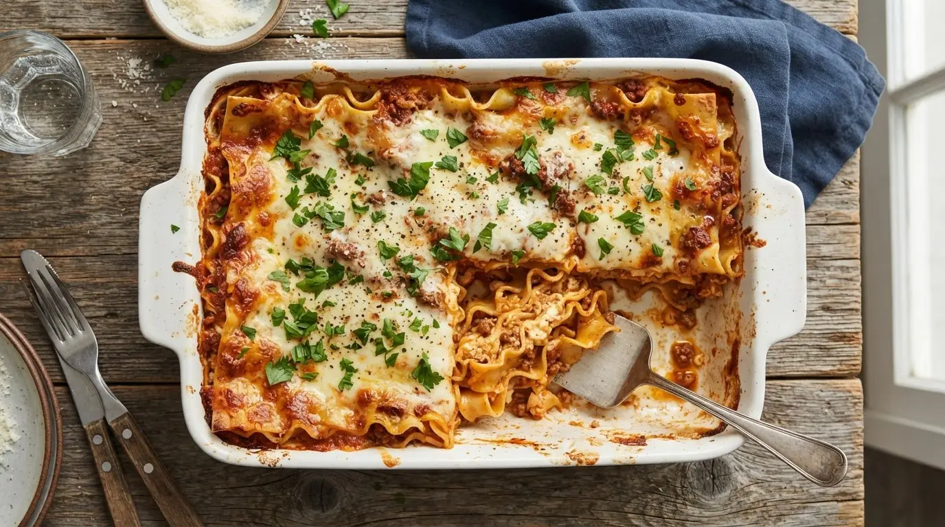 Golden-brown egg noodle lasagna with melted cheese and fresh parsley in a white baking dish on a wooden table.