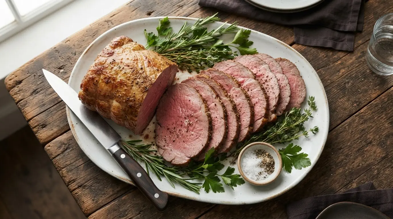 Thinly sliced eye round roast beef with a pink center and browned crust on a white platter with rosemary.