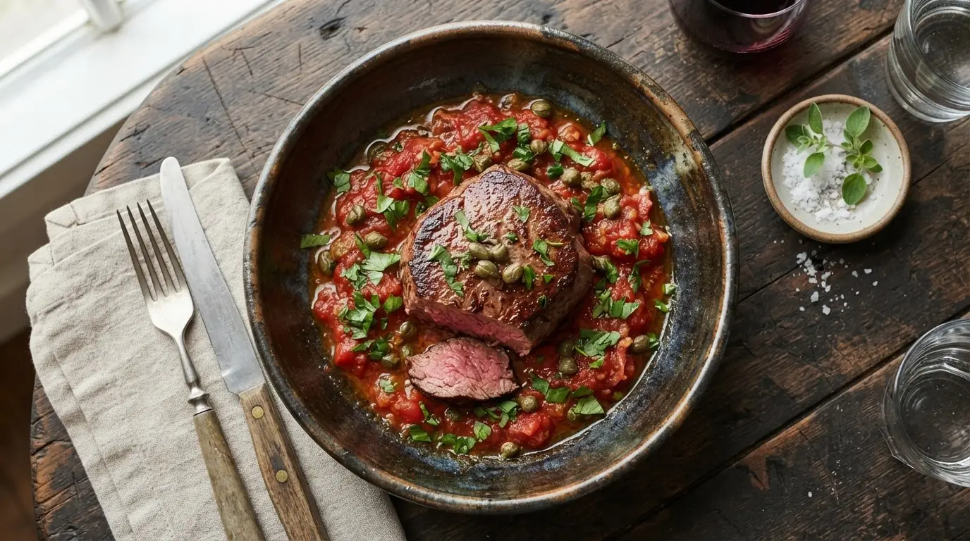 Pan-seared filet mignon steaks in a vibrant red tomato sauce, topped with fresh parsley and capers in a ceramic bowl.