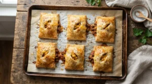 Golden-brown, puffed homemade hot pockets filled with sloppy joe, arranged on parchment paper.