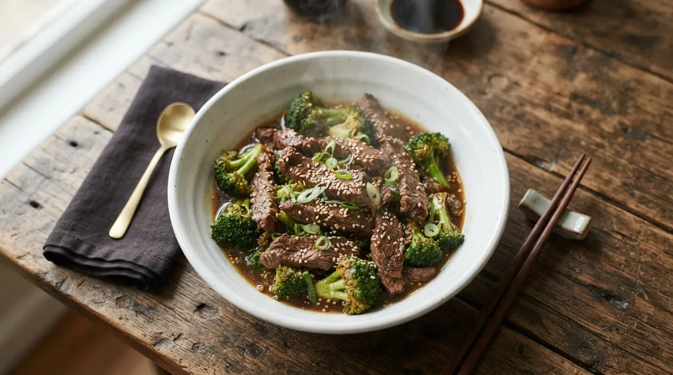Steaming keto beef and broccoli with vibrant green florets and tender brown beef, garnished with white sesame seeds in a white ceramic bowl.