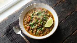 Rich, steaming keto keema curry with ground meat, vibrant spices, and green cilantro in a white bowl on a wooden surface.