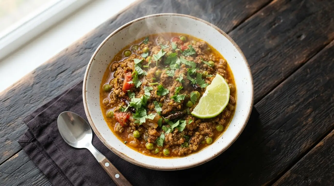 Rich, steaming keto keema curry with ground meat, vibrant spices, and green cilantro in a white bowl on a wooden surface.