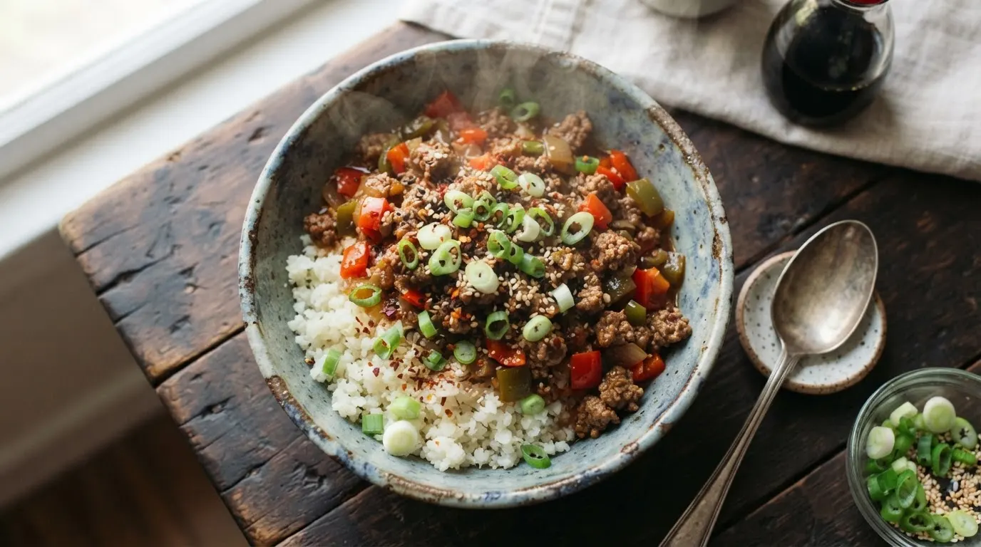 Savory ground beef and bell peppers over cauliflower rice, garnished with green onions and sesame seeds in a ceramic bowl.