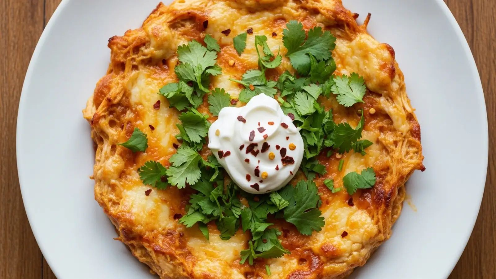 Golden-brown, bubbling chicken enchilada dip in a white baking dish, garnished with green cilantro and white sour cream.
