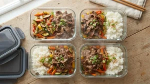 Savory Korean beef with rice and colorful vegetables in clear glass meal prep containers, garnished with sesame seeds.