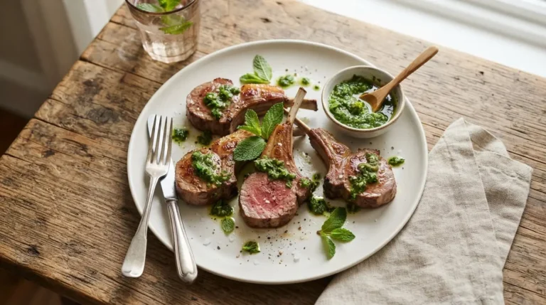 Golden-brown lamb loin chops with a rich sear, topped with bright green mint sauce on a white plate.