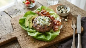 Golden-brown keto blue cheese burger patty in a lettuce wrap with avocado and bacon on a wooden board.