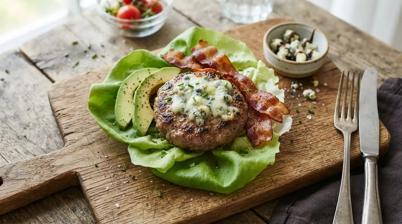 Golden-brown keto blue cheese burger patty in a lettuce wrap with avocado and bacon on a wooden board.