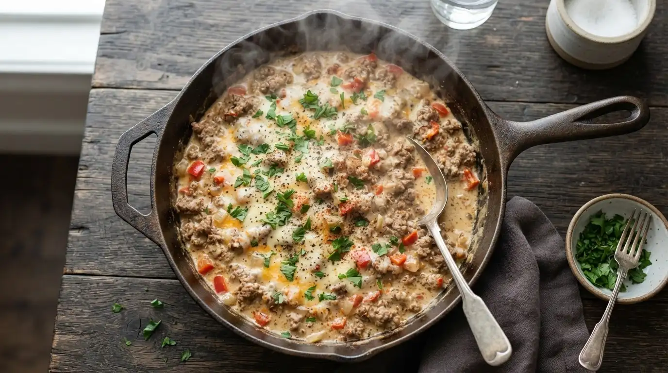 Creamy ground beef skillet with mushrooms and spinach in a cast iron pan, garnished with fresh herbs.