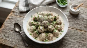 Creamy low carb Swedish meatballs in a white bowl, topped with green parsley, on a dark wood surface.