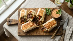 Golden-brown Philly cheesesteak wraps with melted cheese and vegetables, served on a wooden board.