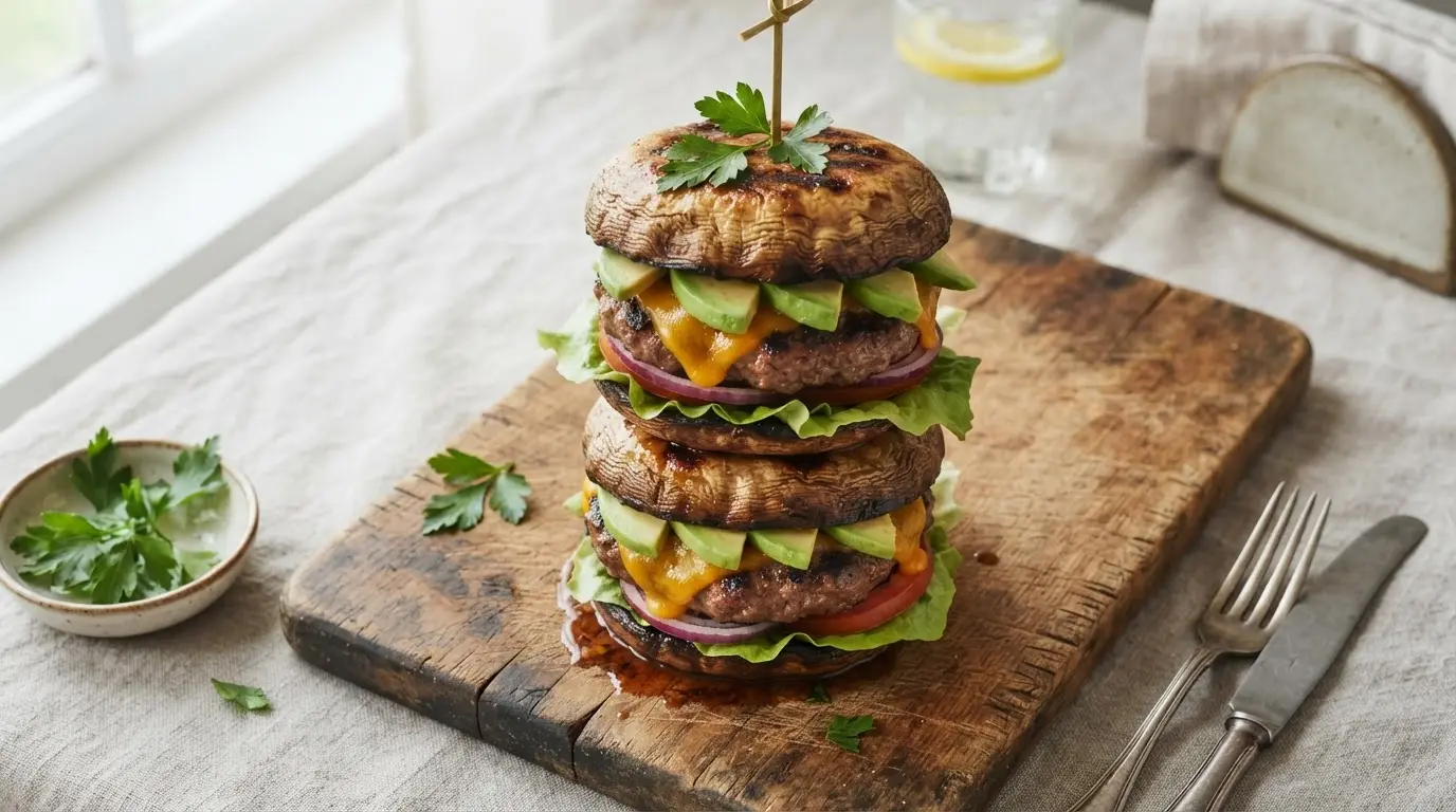 Golden-brown portobello mushroom burgers with melted cheese and sliced avocado on a wooden board.