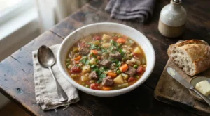 Hearty vegetable beef soup with tender meat and colorful vegetables in a white bowl, garnished with green parsley.
