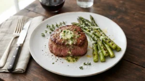 Golden-brown filet mignon steak with melting herb butter and bright green asparagus on a white plate.