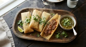 Steaming shredded beef tamales on a wooden platter with cilantro and salsa verde