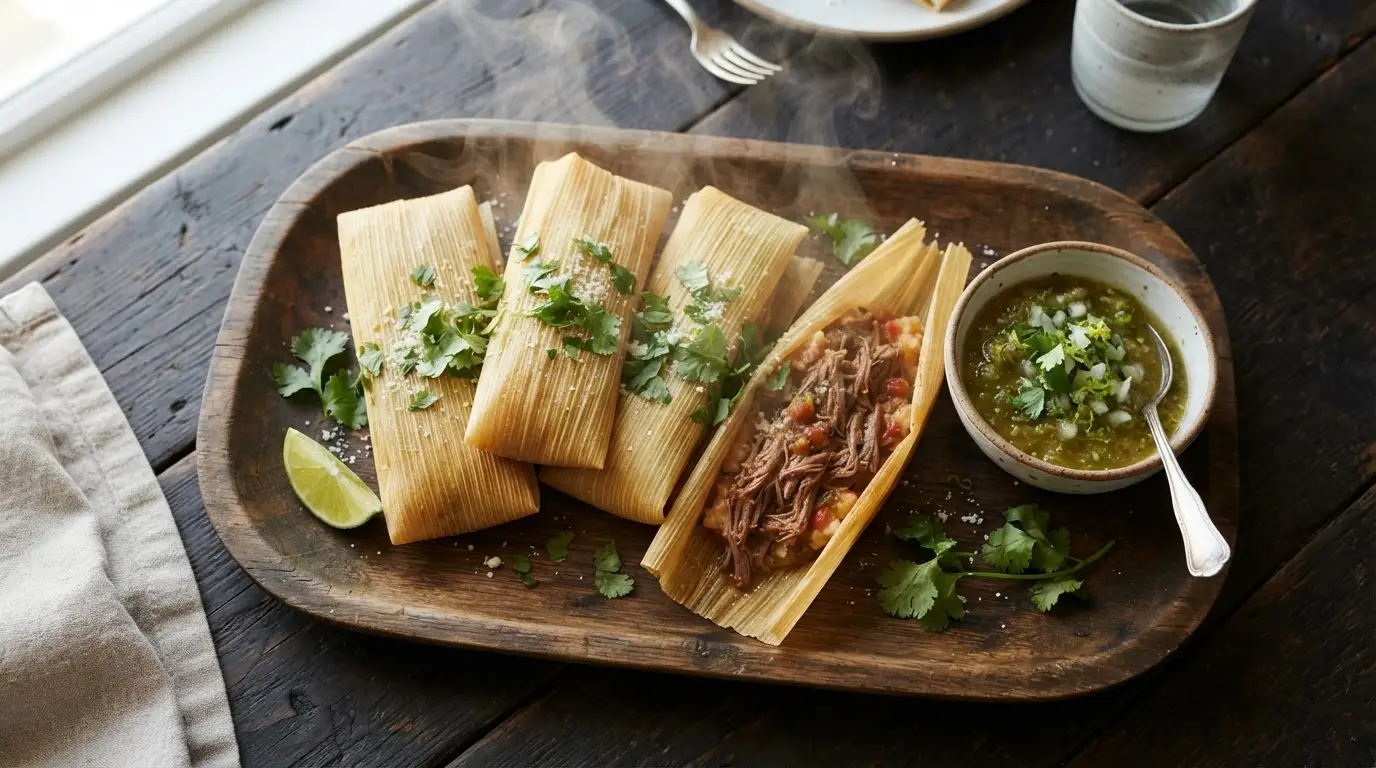 Steaming shredded beef tamales on a wooden platter with cilantro and salsa verde