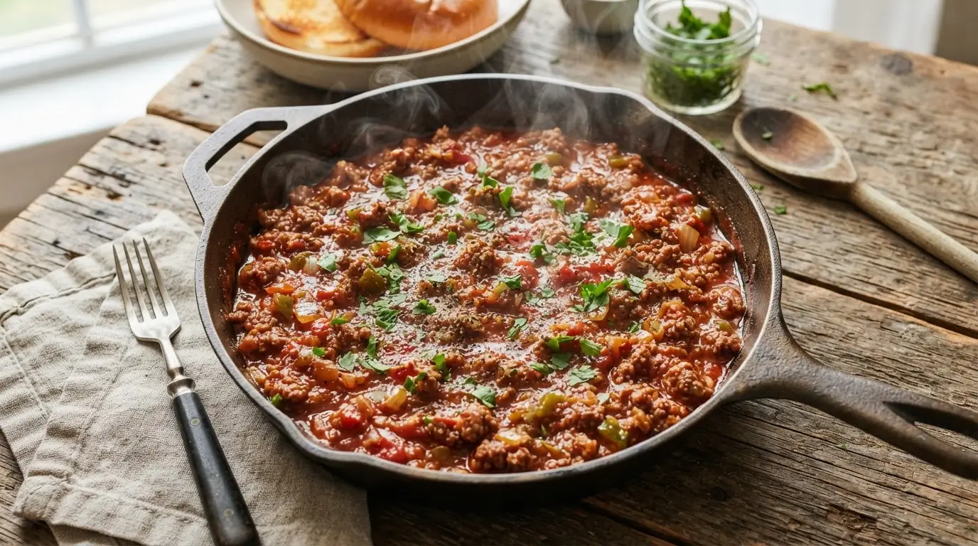 Steaming hot sloppy joe mixture with ground beef and red sauce in a cast iron skillet, garnished with parsley.