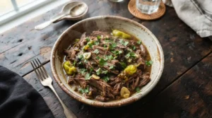 Shredded, steaming Mississippi roast in a ceramic bowl, garnished with parsley, on a dark wooden table.