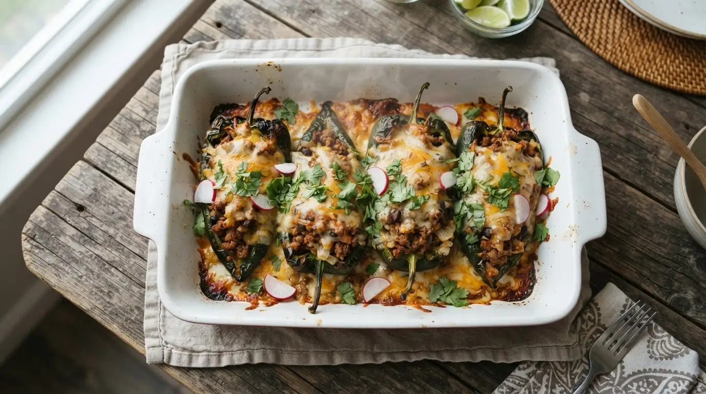 Golden-brown stuffed poblano peppers with melted cheese and ground beef filling in a white baking dish, garnished with cilantro.
