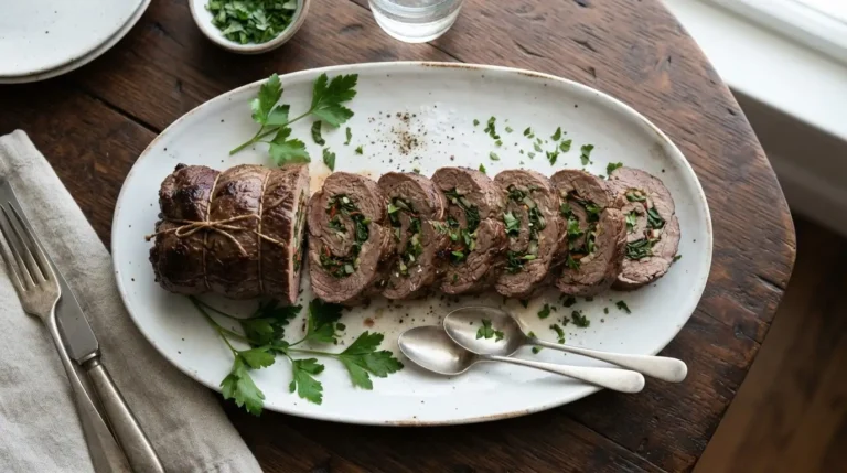 Sliced flank steak roulade with green Swiss chard and white feta filling on a white platter with parsley garnish.