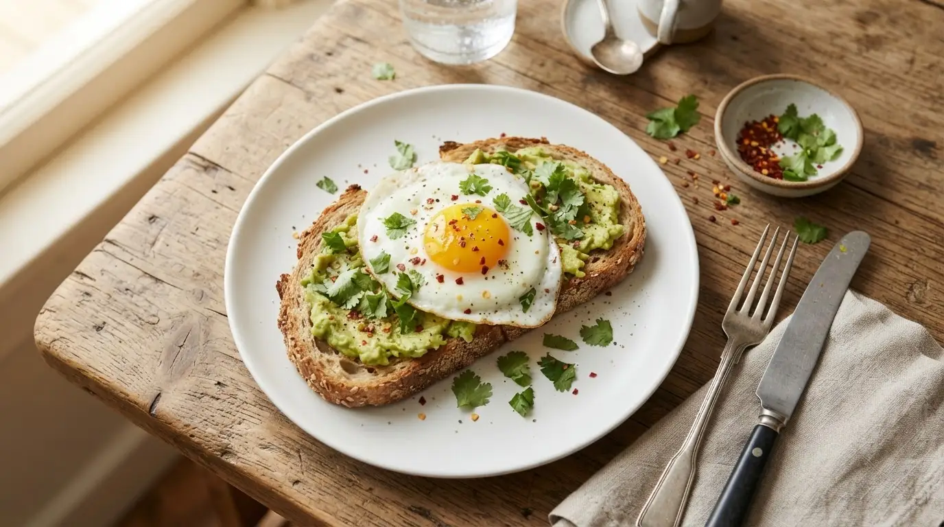 Golden-brown whole-grain toast with creamy green avocado and a fried egg, garnished with cilantro and red pepper flakes on a white plate.