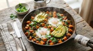 A cast iron skillet filled with a balanced breakfast of baked eggs, roasted sweet potatoes, and wilted spinach, garnished with fresh herbs and avocado slices.