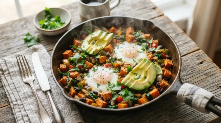 A cast iron skillet filled with a balanced breakfast of baked eggs, roasted sweet potatoes, and wilted spinach, garnished with fresh herbs and avocado slices.