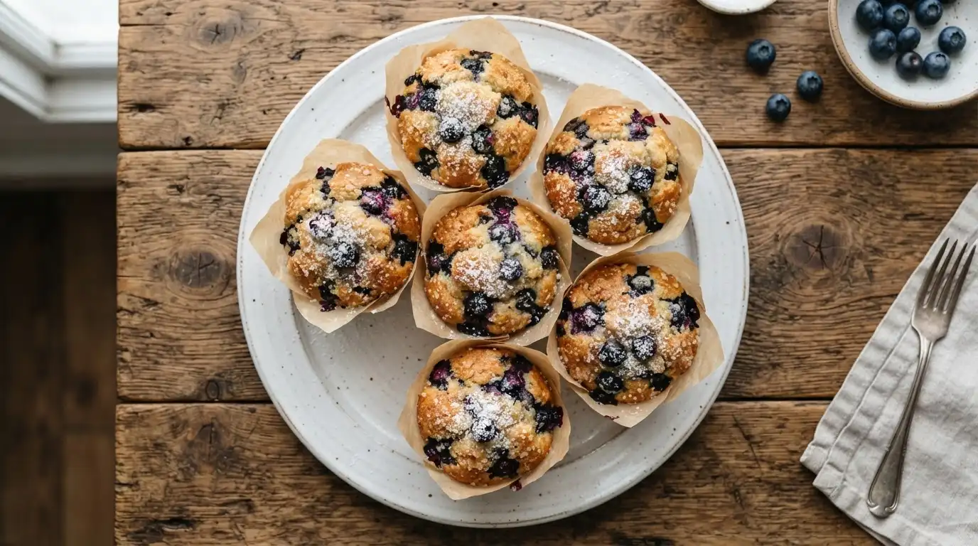 Golden-brown blueberry muffins with a light dusting of powdered sugar on a white plate.